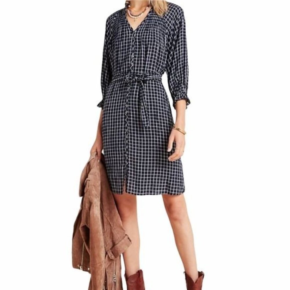 Anthropologie Maeve Sara Smocked Shirtdress in Navy Size XS NWT - Picture 3 of 14